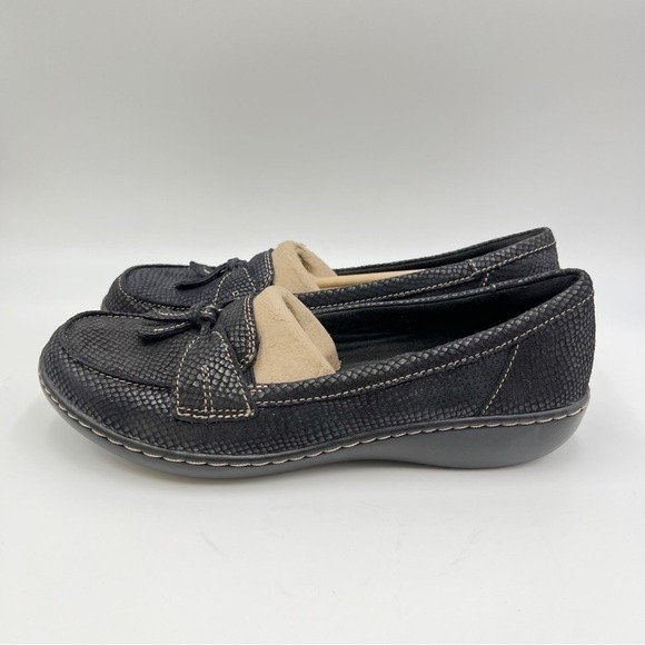 Clarks Women Size 9 Ashland Bubble‎ Snakeskin Print Black Comfort Loafers Shoes - Picture 6 of 12
